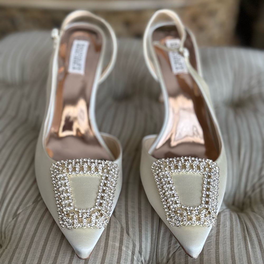 Badgley Mischka Ivory Satin Slingback Pumps with Crystal Buckle - Picture 2 of 12